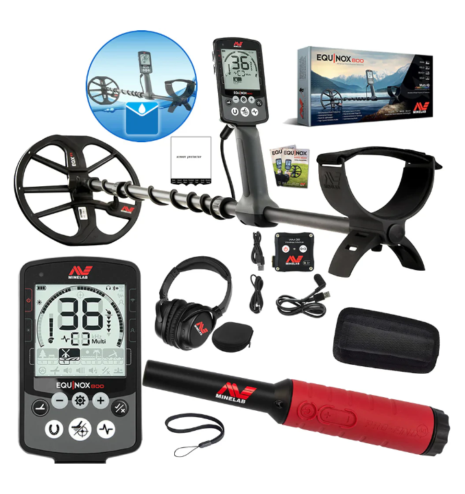 Minelab Equinox 800 Waterproof Multi-Frequency Metal Detector with 11" DD Coil, Gold Mode, and Pro-Find 40 Waterproof Pinpointer