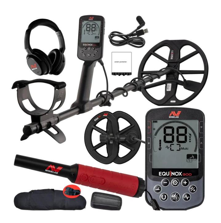 Equinox 900 Waterproof Multi-Frequency Metal Detector with 11" and 6" DD Coils and Pro-Find 40 Pinpointer and Padded Carry Bag
