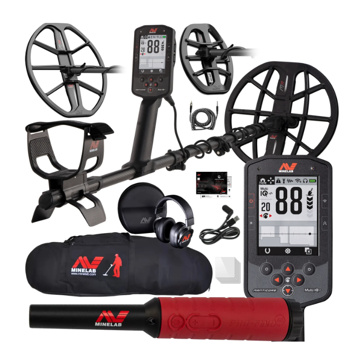 3 Coil PKG Minelab Manticore Multi-Frequency High Power Waterproof Metal Detector with M8 & M15 Searchcoil, Pro-Find 40 and Padded Bag